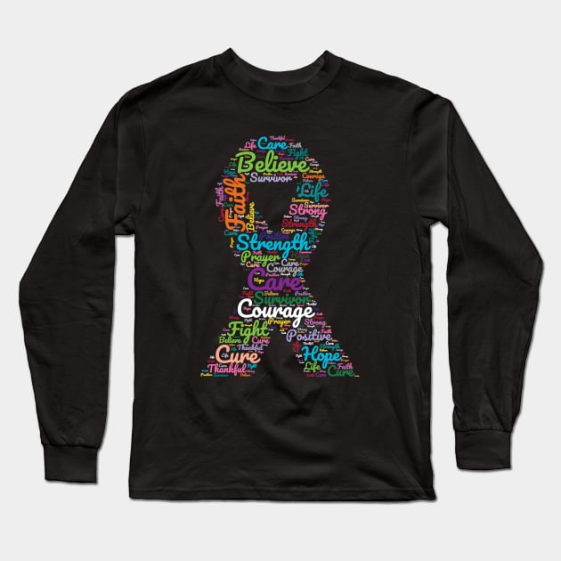 Cancer Awareness Ribbon With Positive Support Words Long Sleeve T-Shirt by Rosemarie Guieb Designs